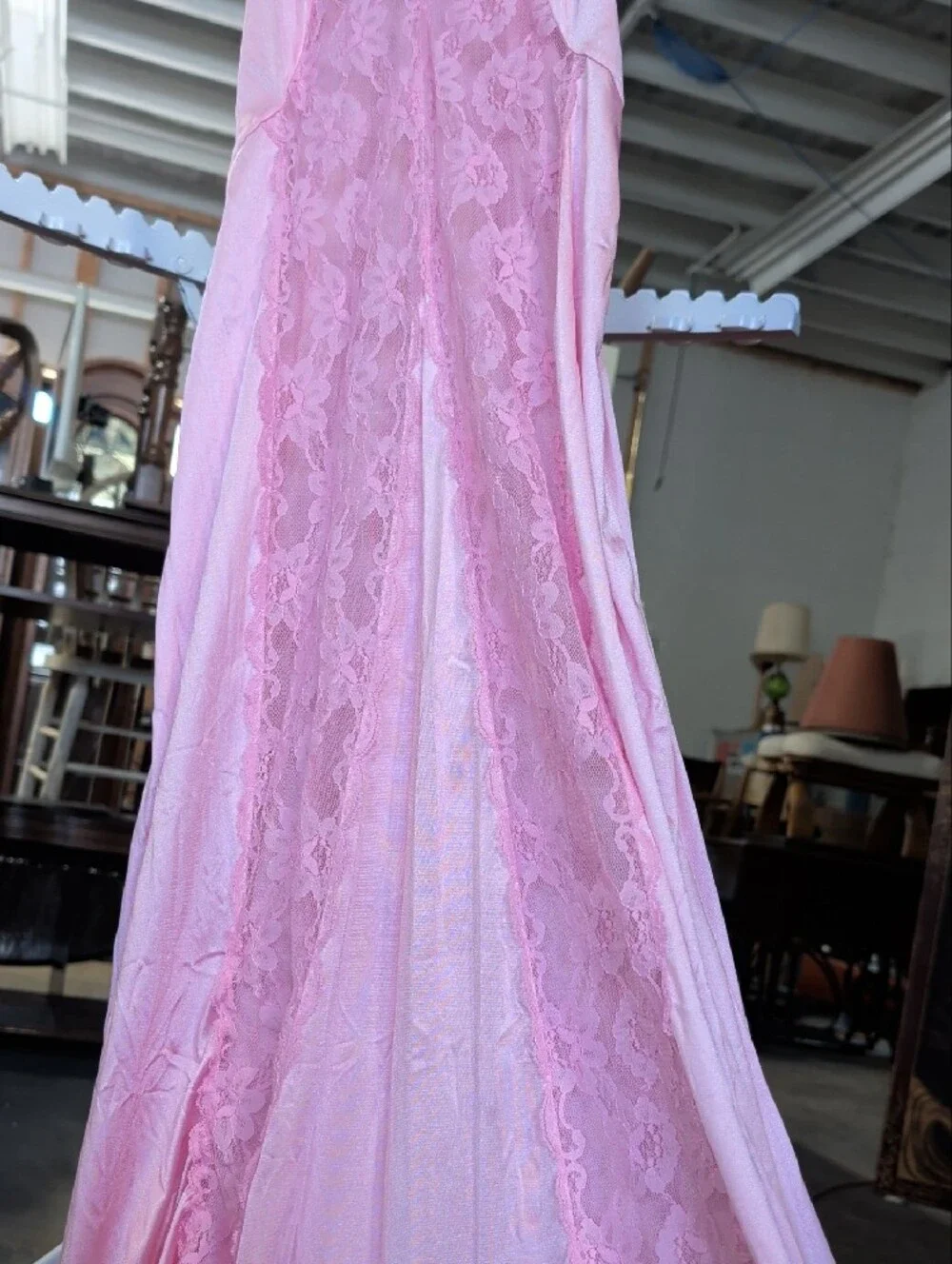 Vintage 80s 90s Val Mode Pink Satin Lace Long Nightgown Slip Dress Coquette